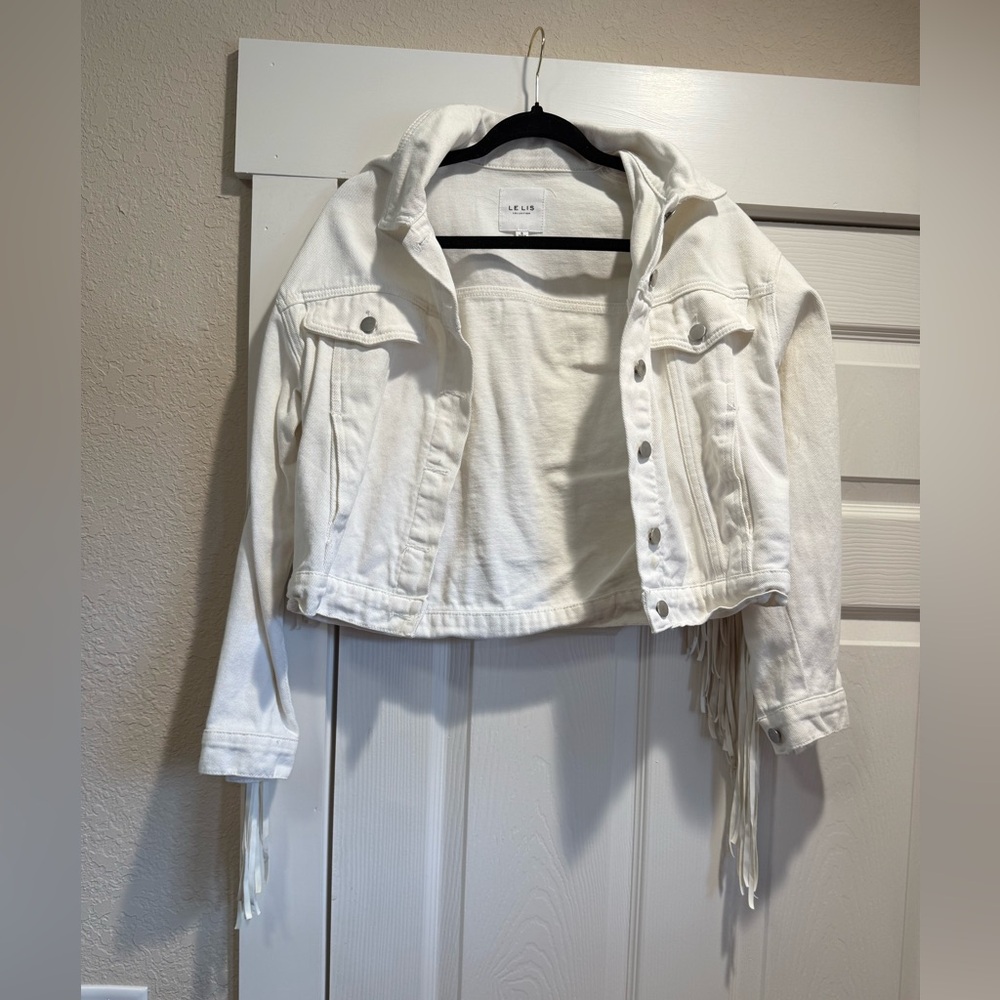 Le Lis White Cropped Fringe Denim Jacket
